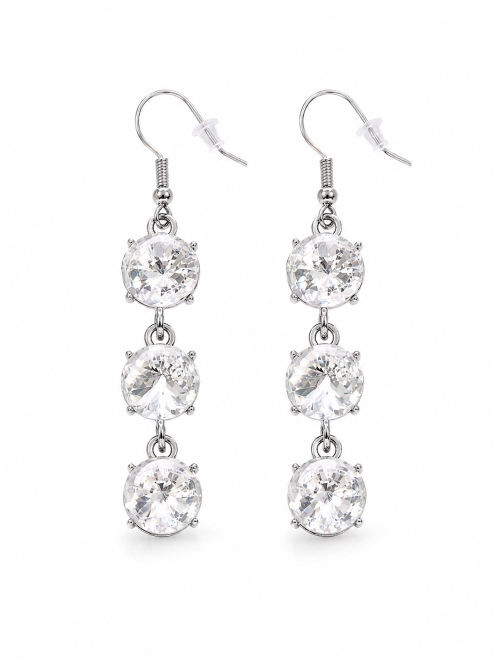 Sparkling Triple Clear CZ Drop Dangle Earrings Silver Tone Bridal Prom Wedding